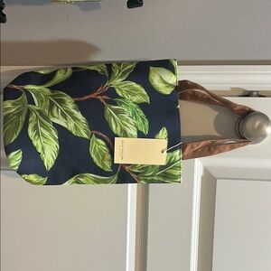Leaf Print Tote Bag with Brown Handles